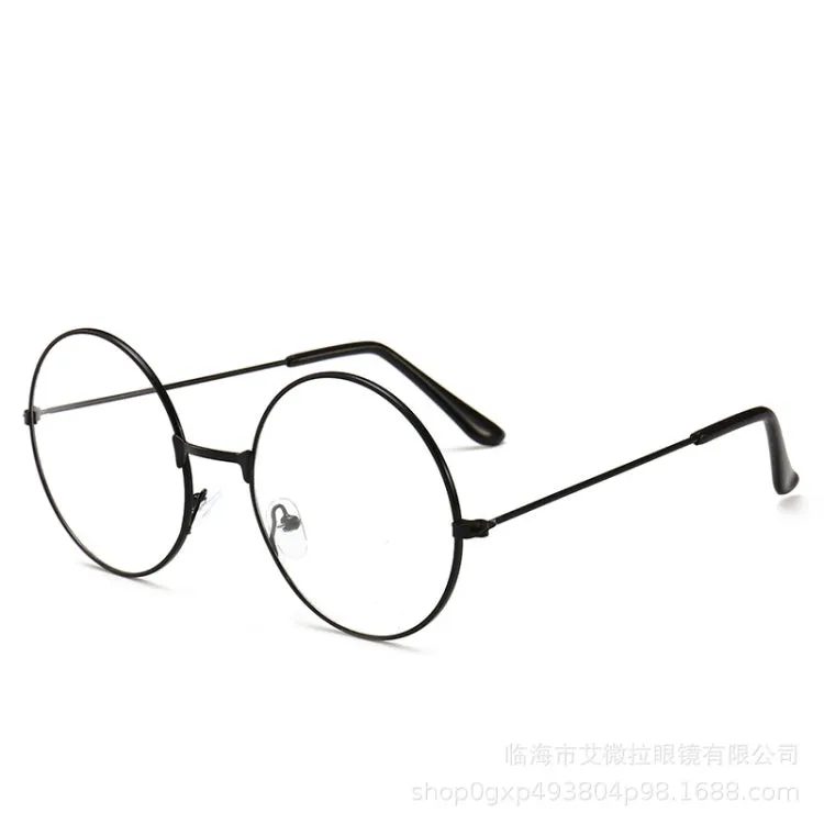 Retro Large Round Eyeglasses Metal Frame Anti Blue-ray Plain Glass Spectacles(Black)