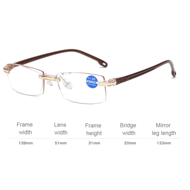 Rimless Anti Blue-ray Blue Film Lenses Presbyopic Glasses,  2.00D(Brown)