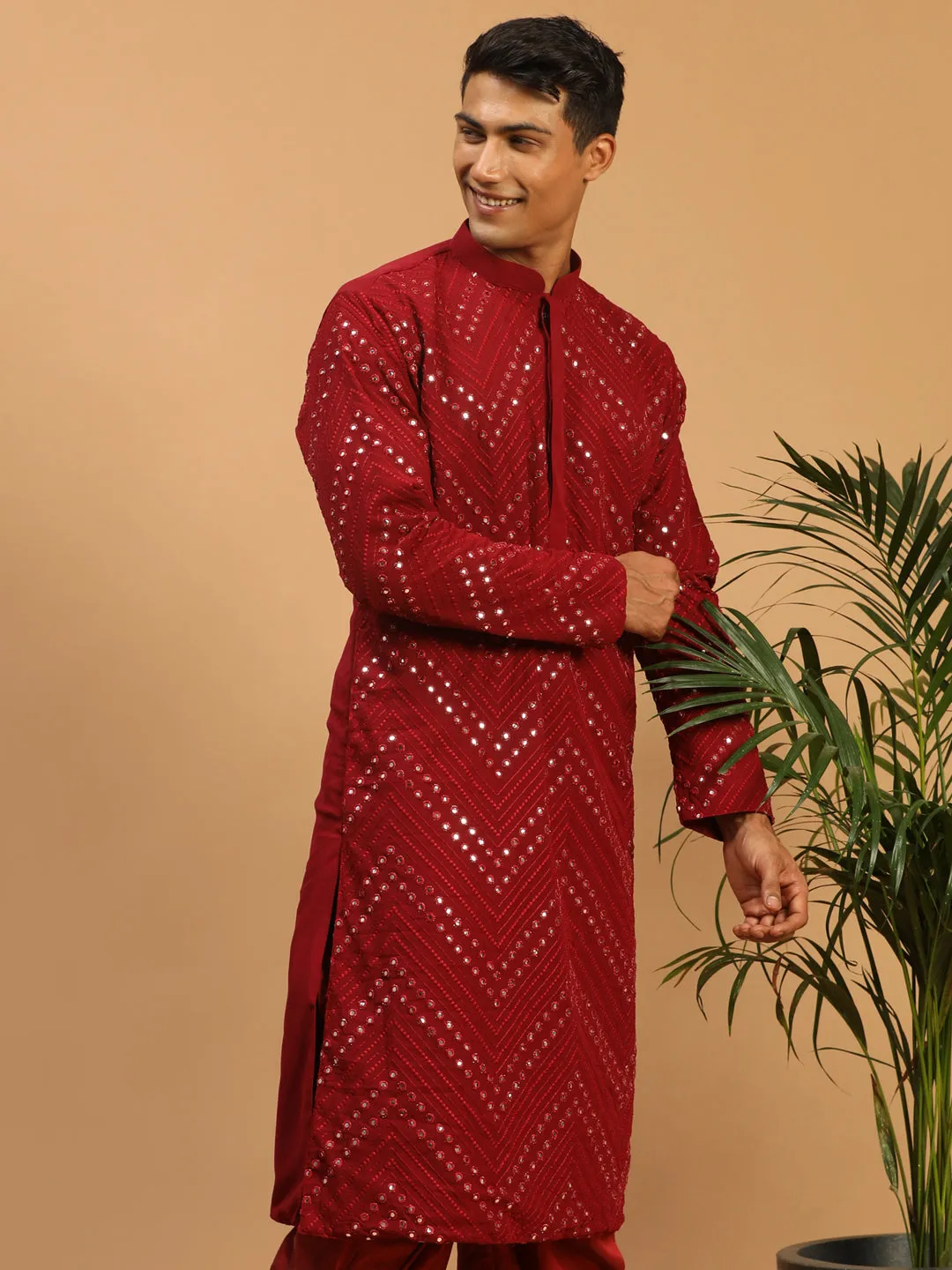 SHRESTHA BY VASTRAMAY Men Maroon Mirror Kurta