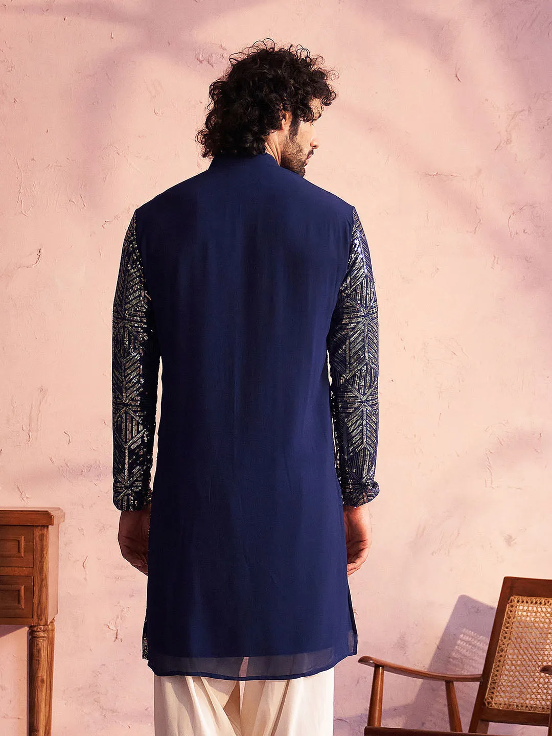 SHRESTHA BY VASTRAMAY Men's Navy Blue Georgette Embellished Kurta