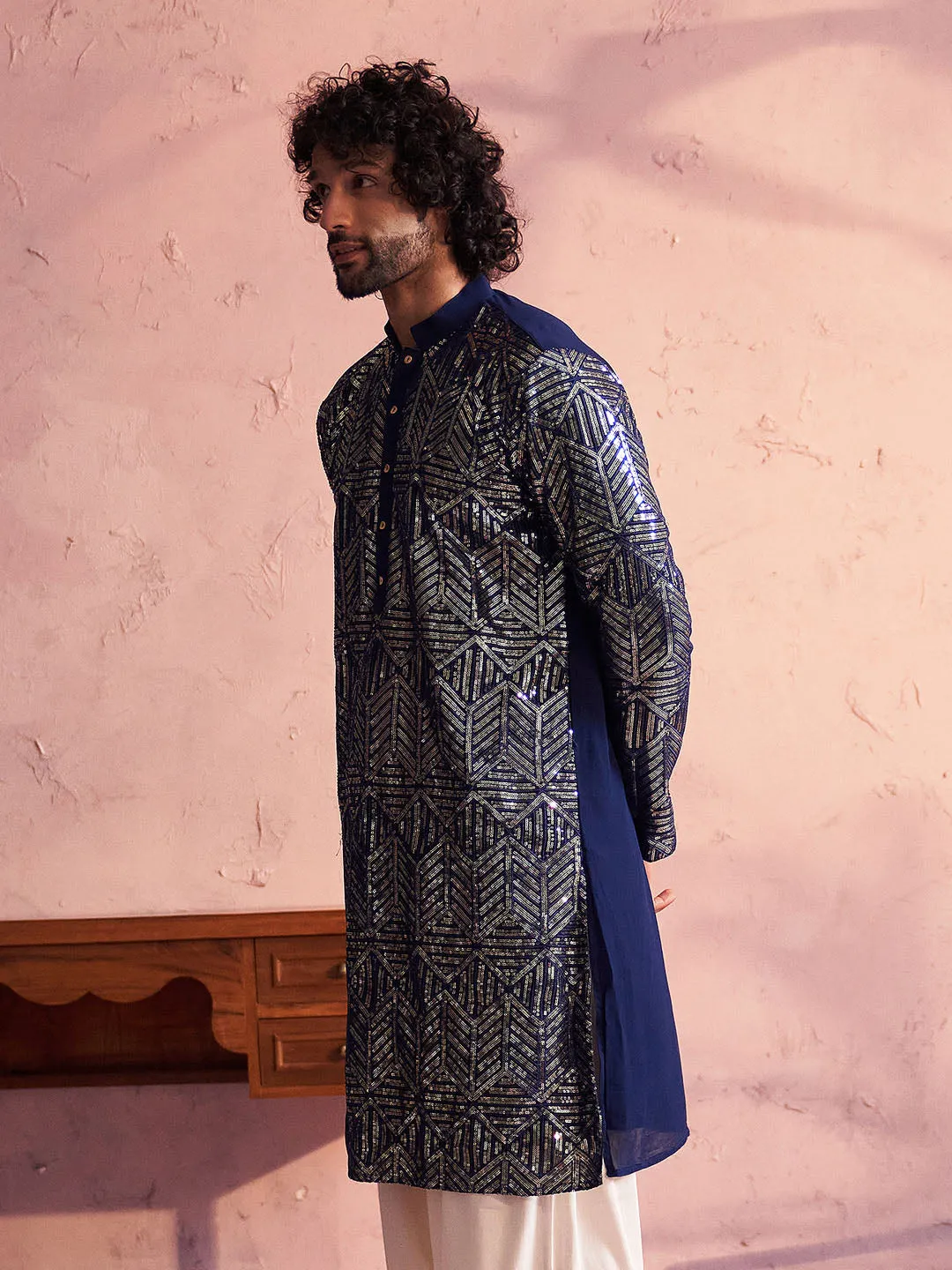 SHRESTHA BY VASTRAMAY Men's Navy Blue Georgette Embellished Kurta