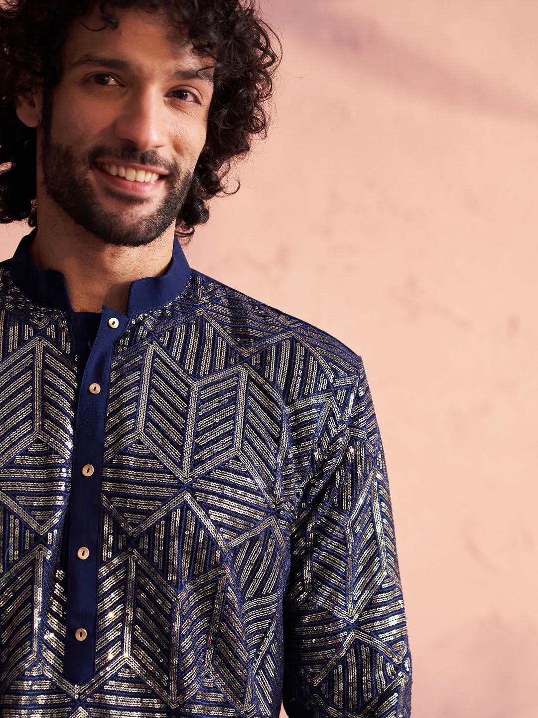 SHRESTHA BY VASTRAMAY Men's Navy Blue Georgette Embellished Kurta