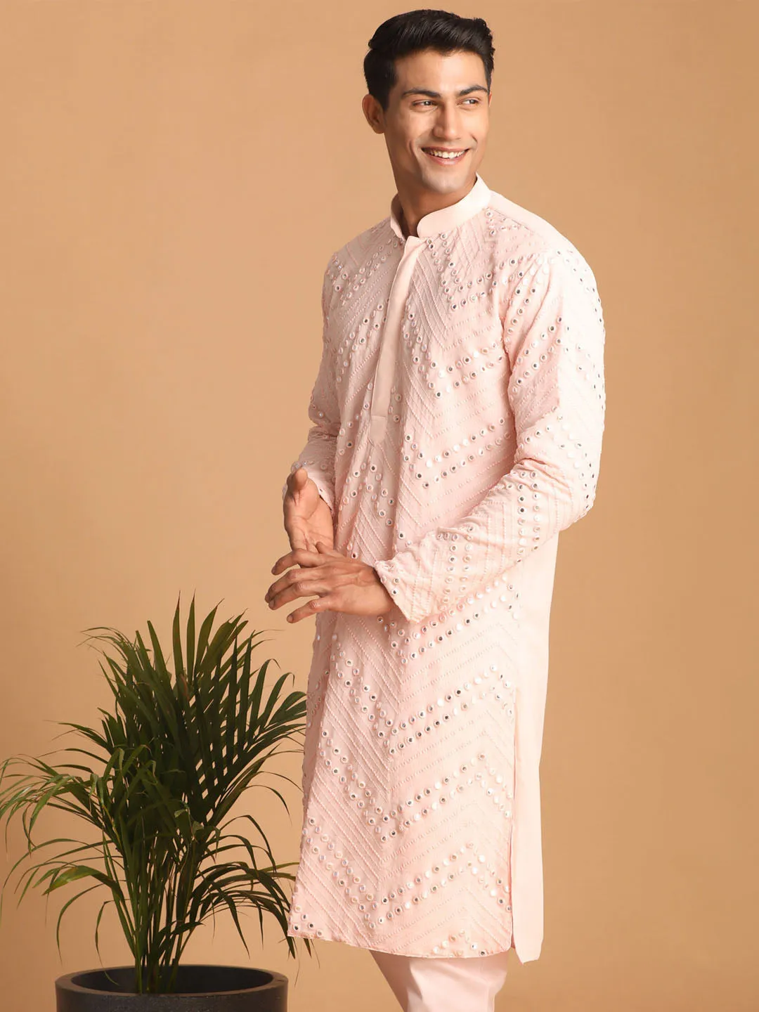 SHRESTHA By VASTRAMAY Men's Pink Mirror Kurta