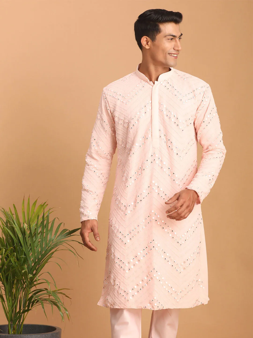 SHRESTHA By VASTRAMAY Men's Pink Mirror Kurta