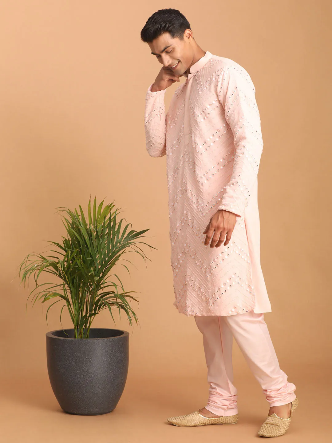 SHRESTHA By VASTRAMAY Men's Pink Mirror Kurta