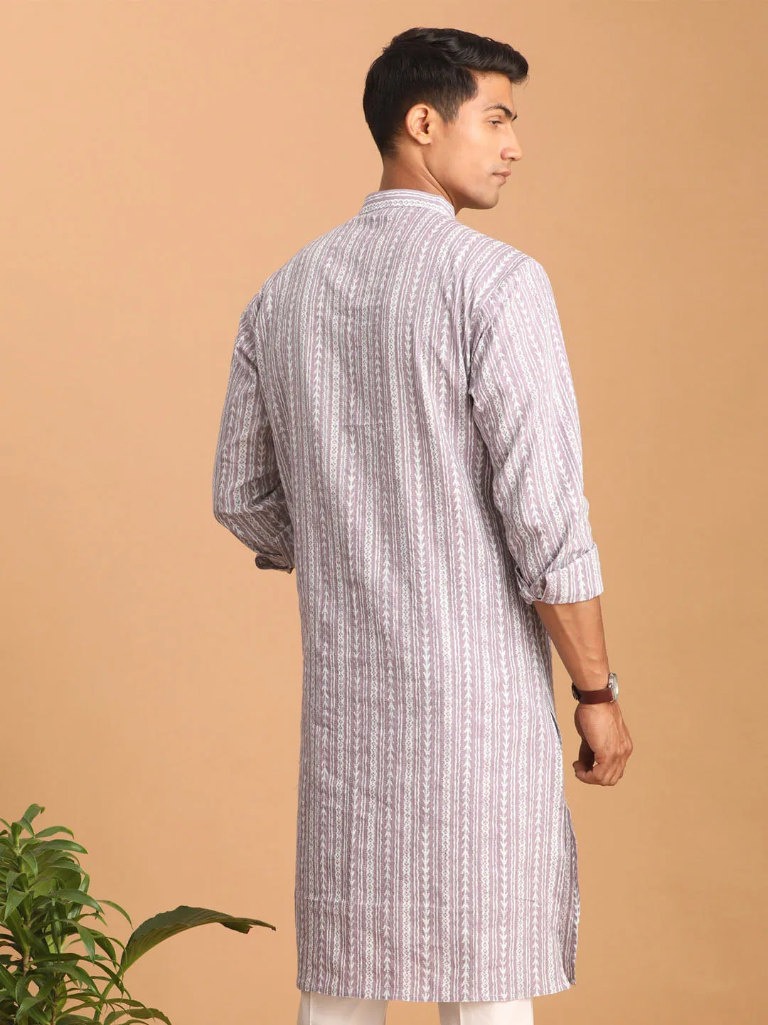 SHVAAS By VASTRAMAY Men's Purple And White Batik Printed Kurta