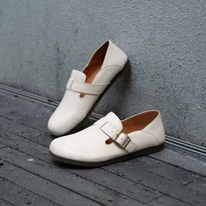 Soft Leather Flat Slip on Loafers for Women Buckle-fastening Monk Shoes in Beige/Apricot/Black