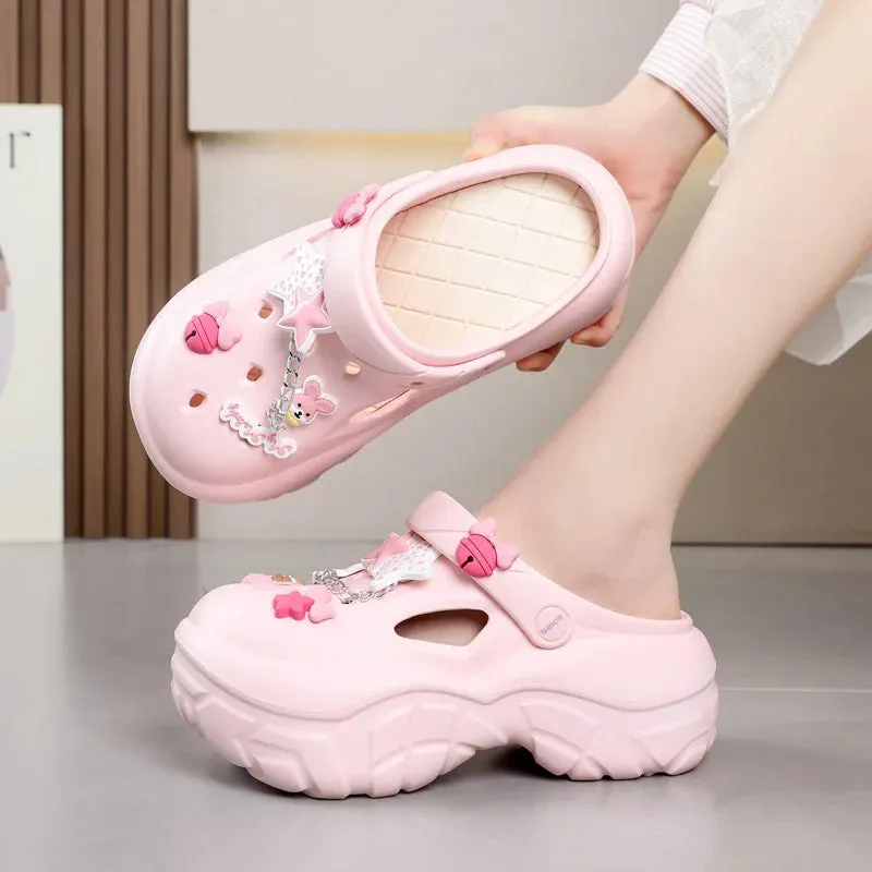 Sohiwoo Thick Soled Increasing Women's Hole Shoes Summer Cute Cartoon Accessory Hole Slippers Slip Resistant Beach Sandals External Wear