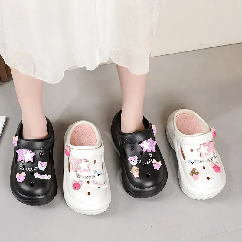 Sohiwoo Thick Soled Increasing Women's Hole Shoes Summer Cute Cartoon Accessory Hole Slippers Slip Resistant Beach Sandals External Wear