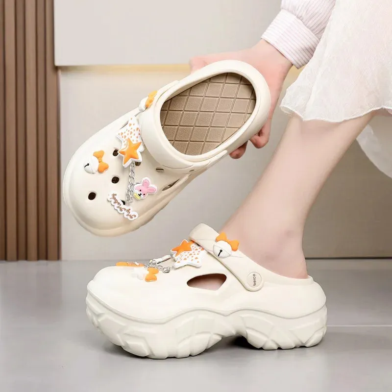 Sohiwoo Thick Soled Increasing Women's Hole Shoes Summer Cute Cartoon Accessory Hole Slippers Slip Resistant Beach Sandals External Wear