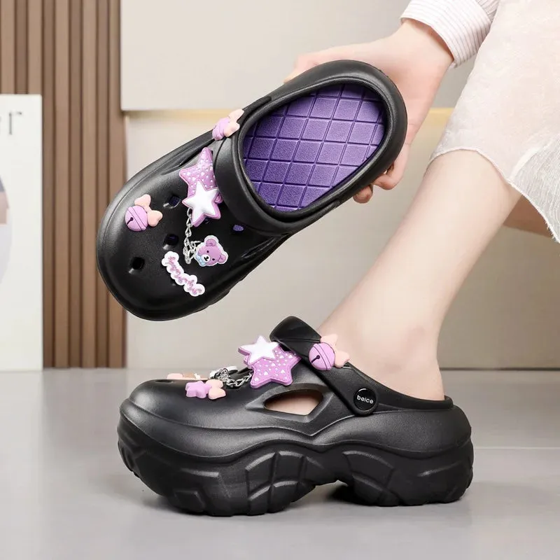 Sohiwoo Thick Soled Increasing Women's Hole Shoes Summer Cute Cartoon Accessory Hole Slippers Slip Resistant Beach Sandals External Wear