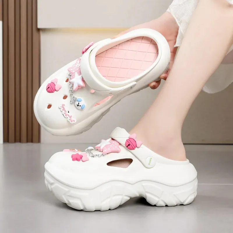 Sohiwoo Thick Soled Increasing Women's Hole Shoes Summer Cute Cartoon Accessory Hole Slippers Slip Resistant Beach Sandals External Wear