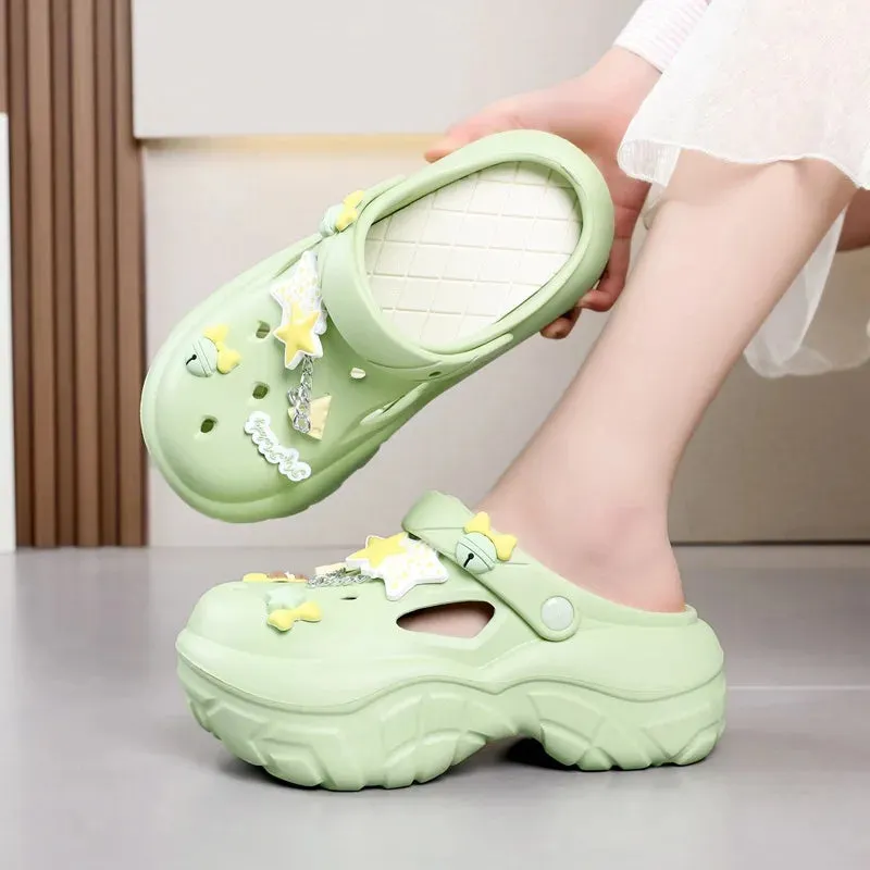 Sohiwoo Thick Soled Increasing Women's Hole Shoes Summer Cute Cartoon Accessory Hole Slippers Slip Resistant Beach Sandals External Wear
