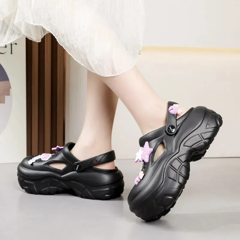 Sohiwoo Thick Soled Increasing Women's Hole Shoes Summer Cute Cartoon Accessory Hole Slippers Slip Resistant Beach Sandals External Wear
