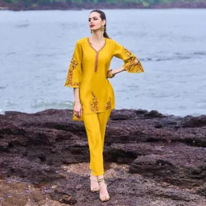 Sunrise mustard ochre embroidered co-ord set of 2