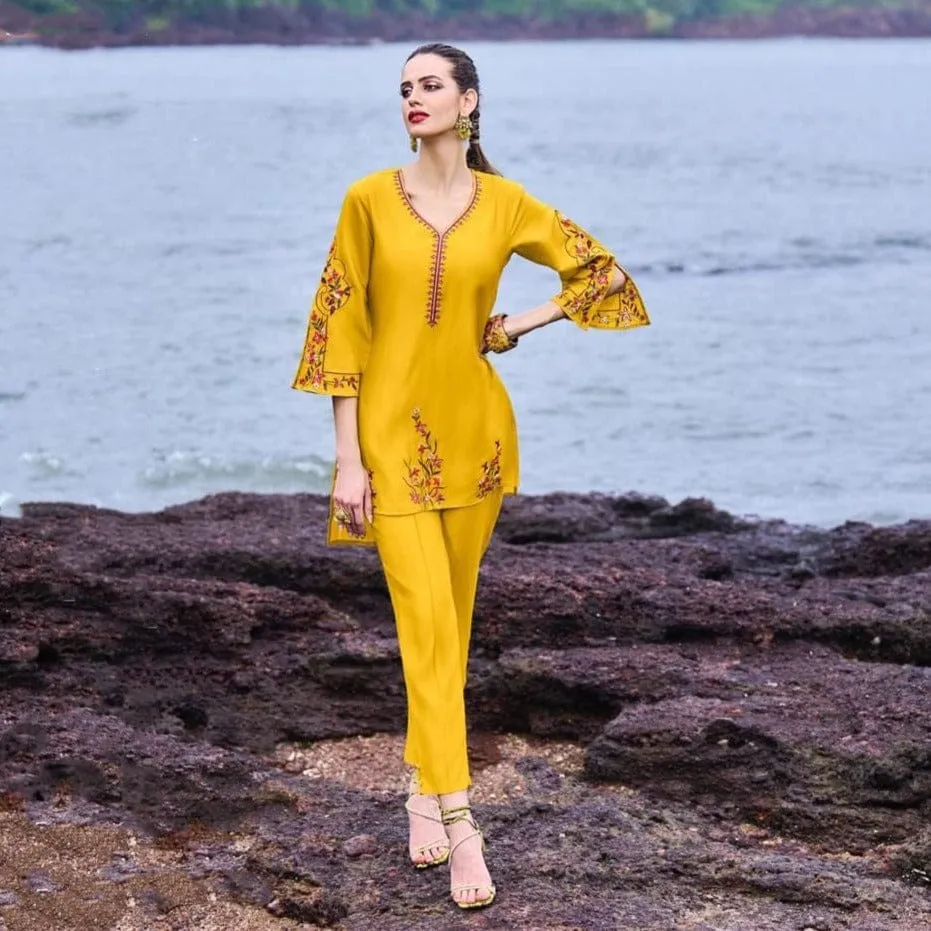 Sunrise mustard ochre embroidered co-ord set of 2