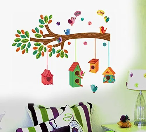 Techgifti™ 'Bird House on a Branch' Wall Sticker (PVC Vinyl, 70 cm x 25 cm, Multicolour)