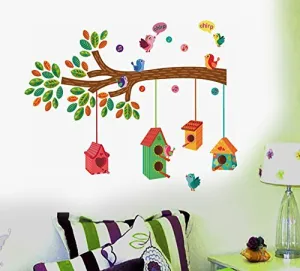 Techgifti™ 'Bird House on a Branch' Wall Sticker (PVC Vinyl, 70 cm x 25 cm, Multicolour)