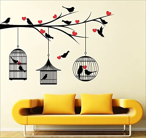Techgifti™ 'Love Birds with Hearts' Wall Sticker (Vinyl, 50 cm x 5 cm x 0.99 cm)