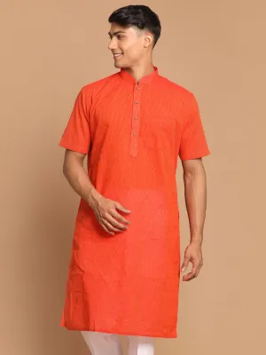 VASTRAMAY Men's Orange Striped Pure Cotton Kurta