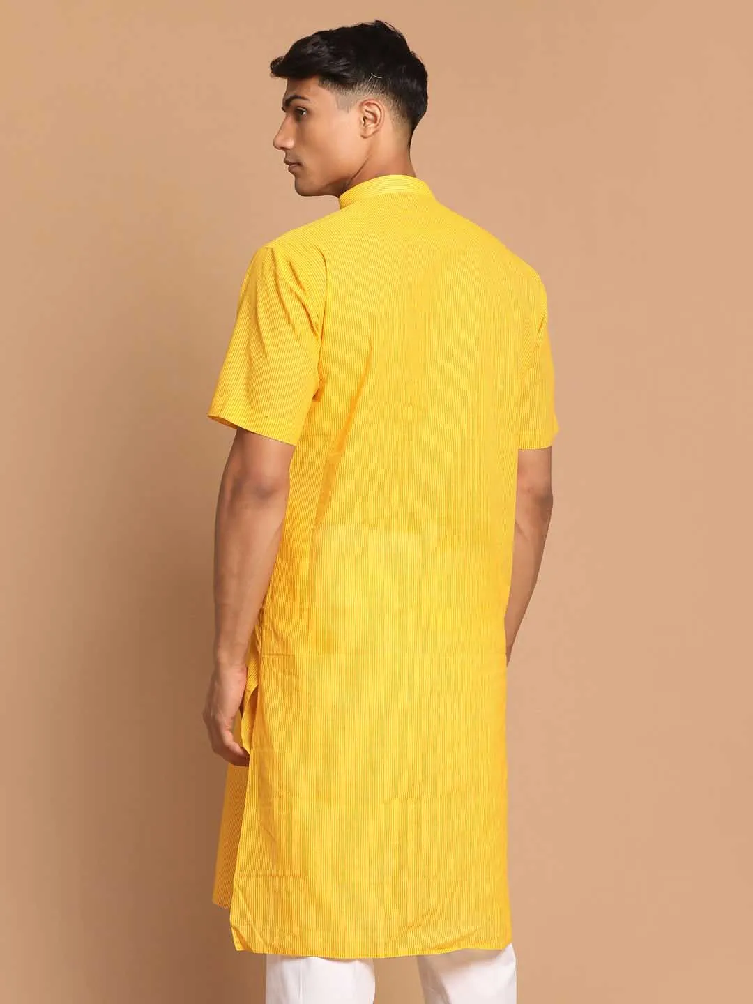 VASTRAMAY Men's Yellow Striped Pure Cotton Kurta