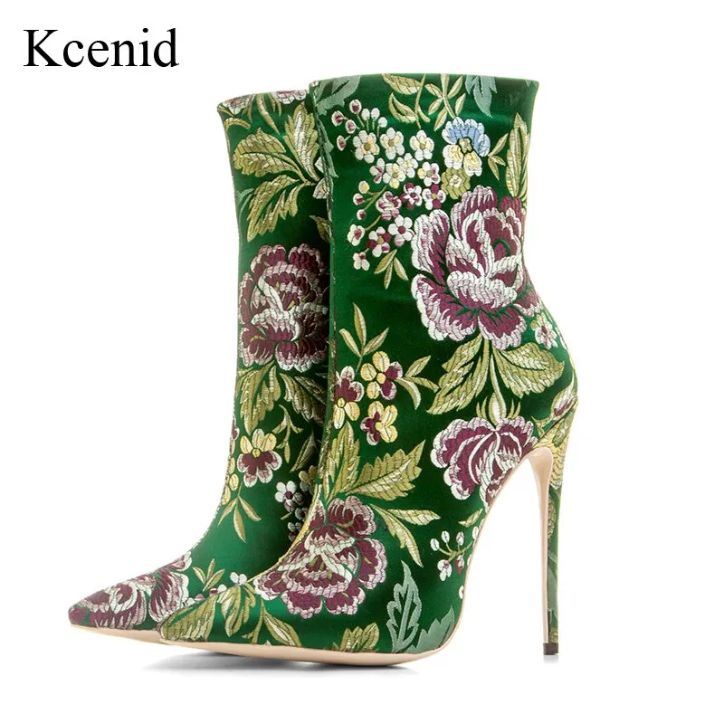 Velvet Embroidered Flower High Heels