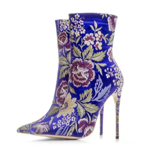 Velvet Embroidered Flower High Heels