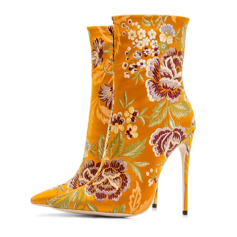 Velvet Embroidered Flower High Heels