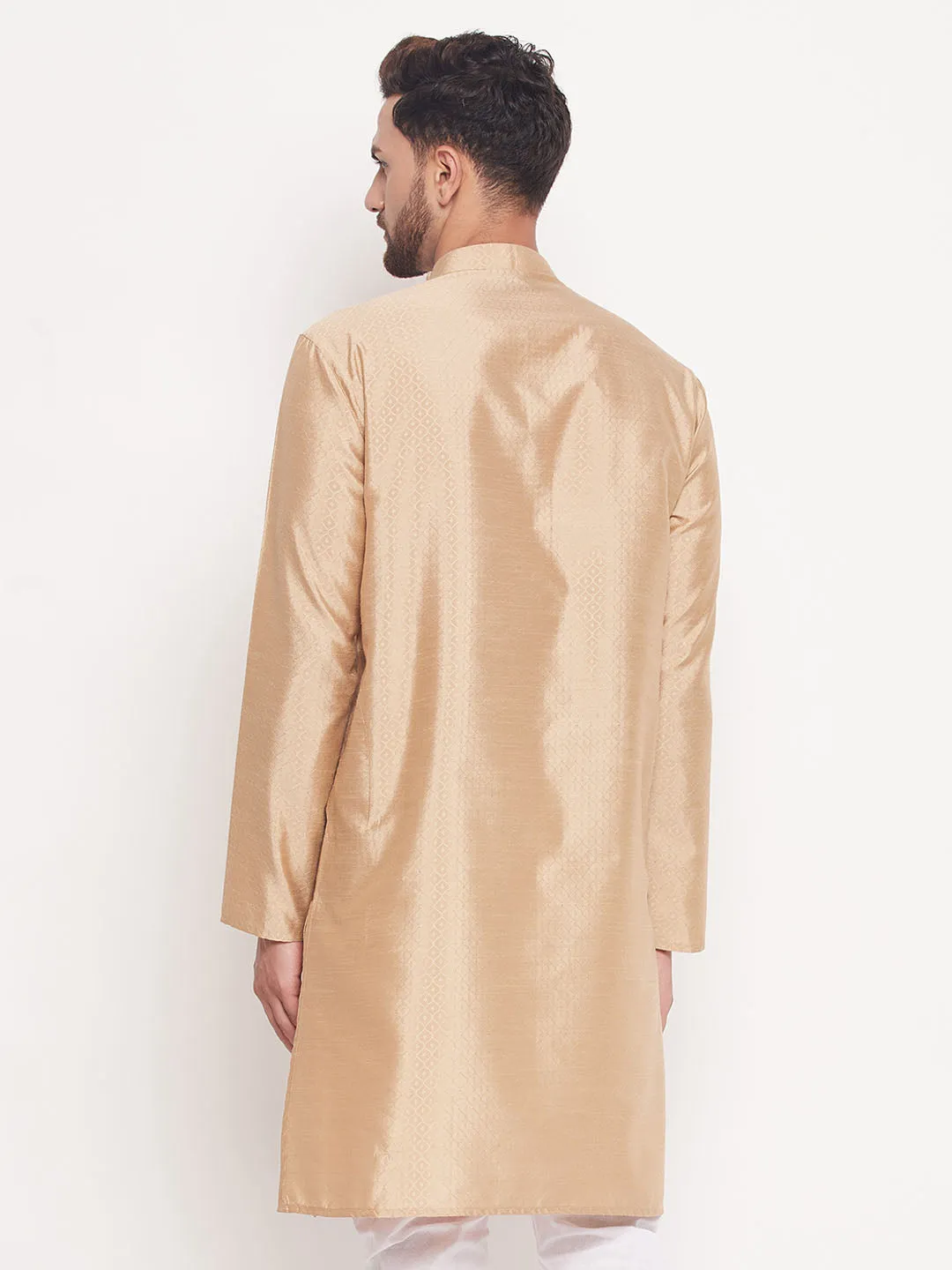 VM BY VASTRAMAY Men's Beige Square Woven Design Silk Blend Kurta