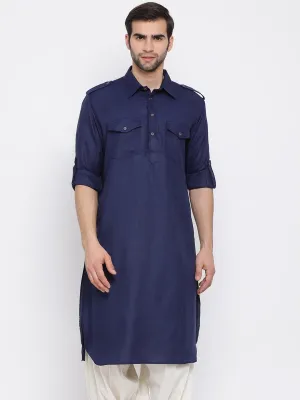 VM By VASTRAMAY Men's Blue Cotton Blend Pathani Style Kurta
