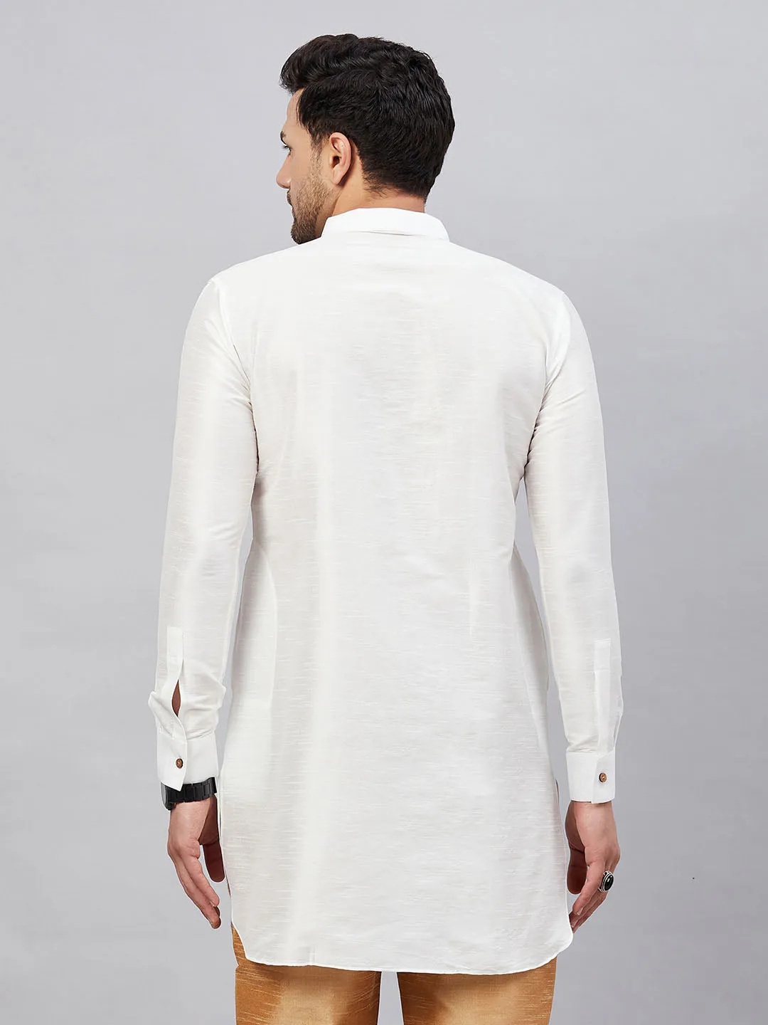 VM By VASTRAMAY Men's White Silk Blend Curved Kurta