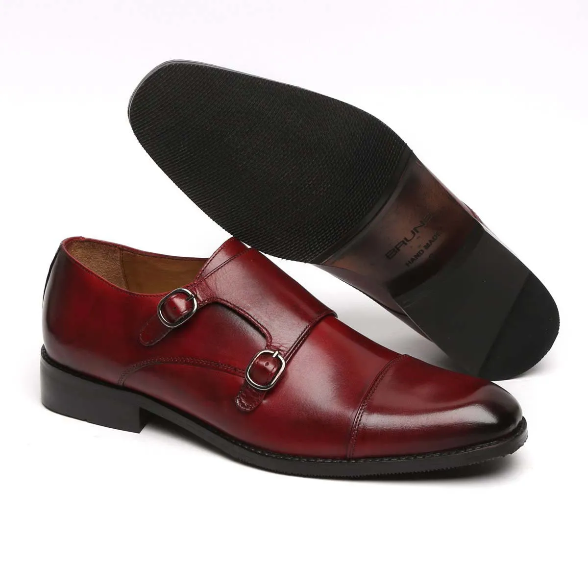 Wine Genuine Leather Cap Toe Double Monk Strap Formal Shoes By Brune & Bareskin
