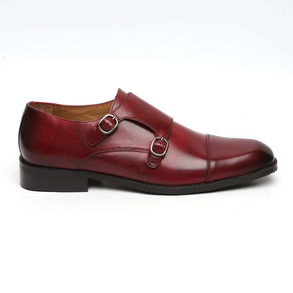 Wine Genuine Leather Cap Toe Double Monk Strap Formal Shoes By Brune & Bareskin
