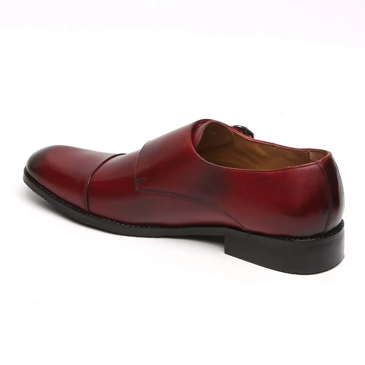 Wine Genuine Leather Cap Toe Double Monk Strap Formal Shoes By Brune & Bareskin