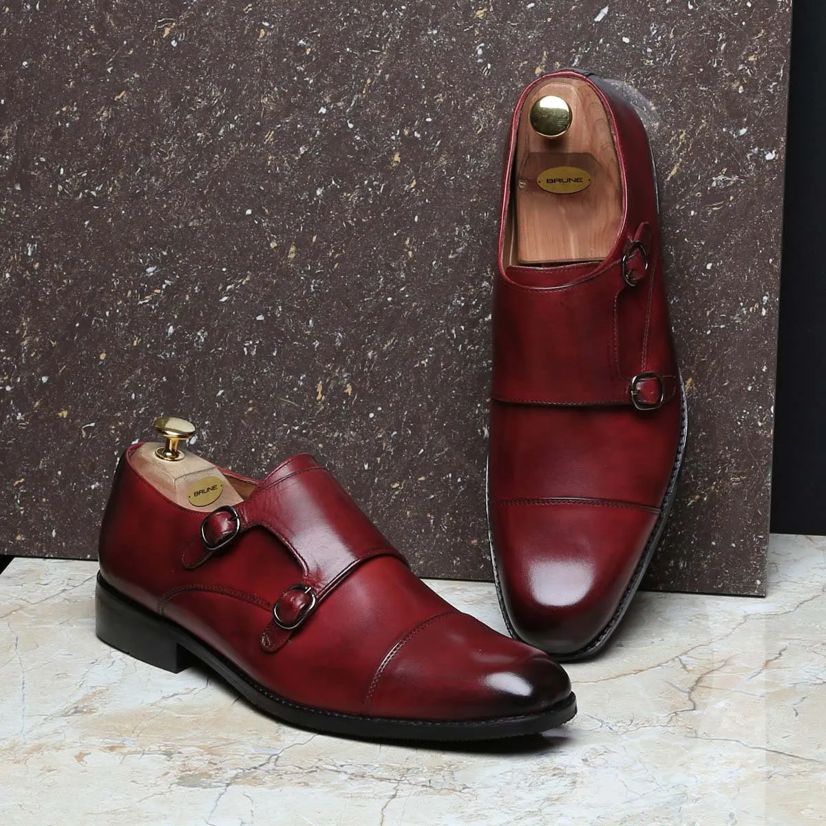 Wine Genuine Leather Cap Toe Double Monk Strap Formal Shoes By Brune & Bareskin